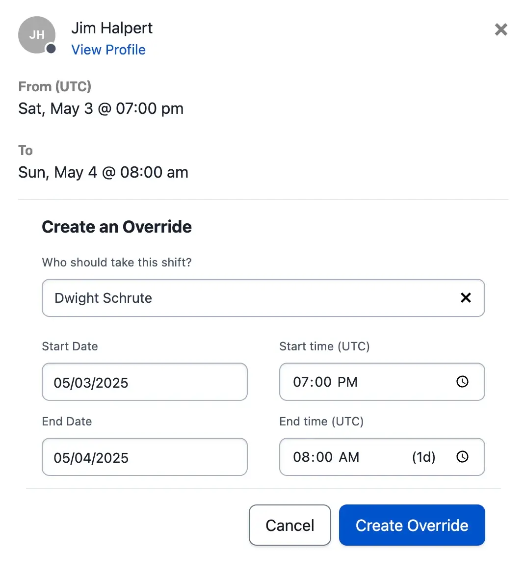 Override an on-call shift