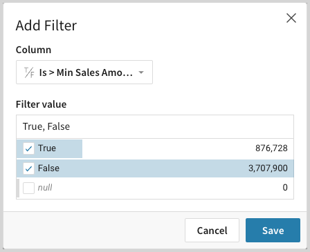 For a column Is > Min Sales Amount, choose the filter values from a list of True, False, or null