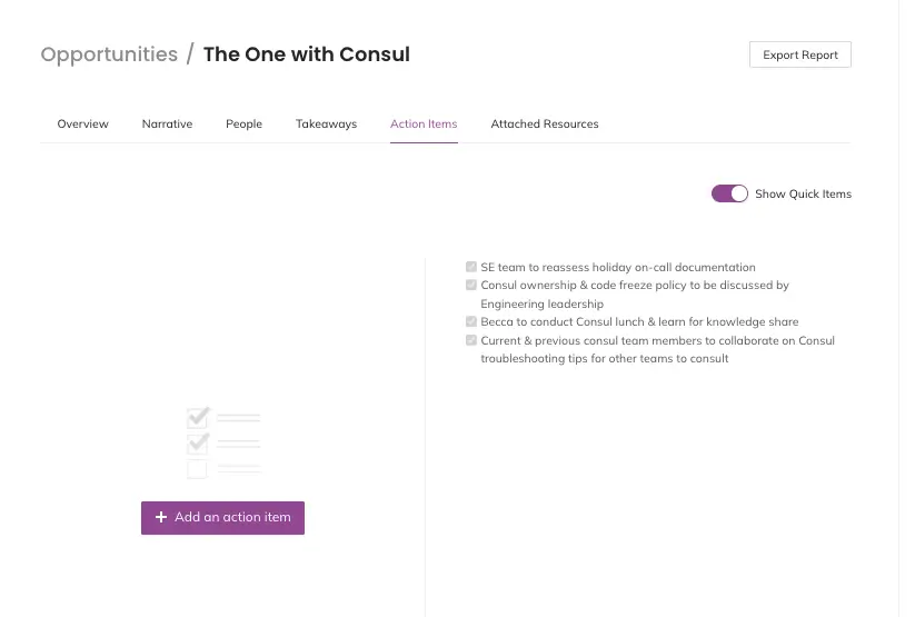 A screenshot of the Jeli web app showing an Opportunity's Action Items