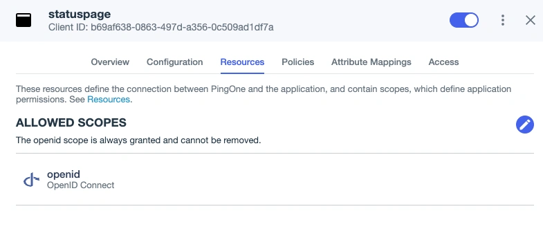 A screenshot of the Ping Indentity UI showing how to allow the openid scope