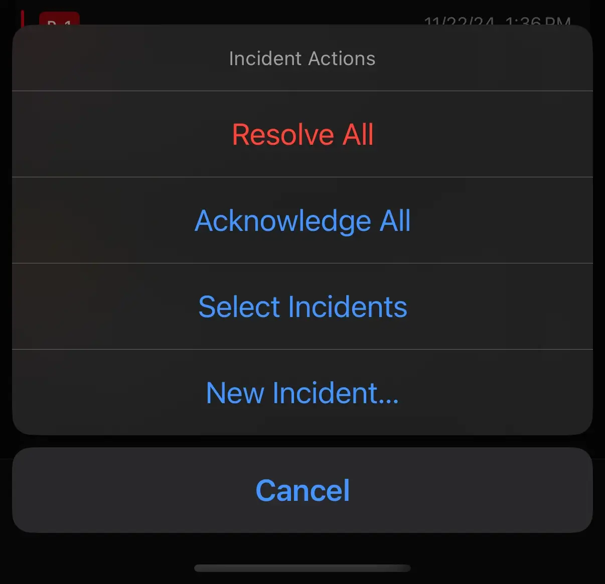 A screenshot of the iOS PagerDuty mobile app showing how to trigger a new incident