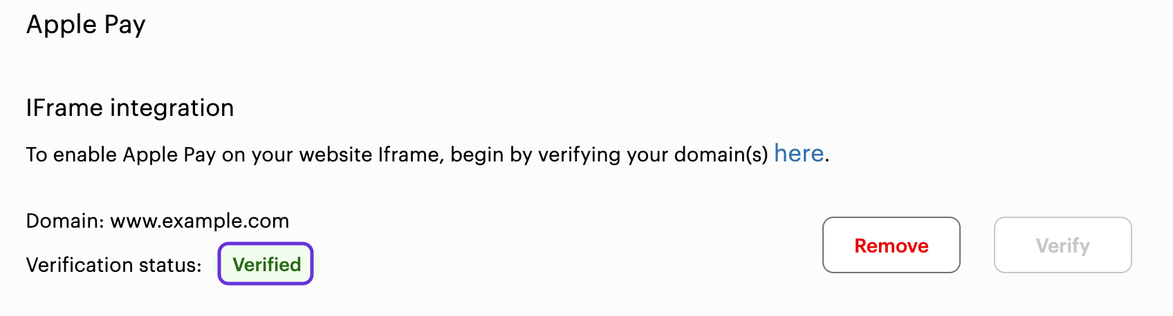 Apple Pay: iframe integration domain verification status
