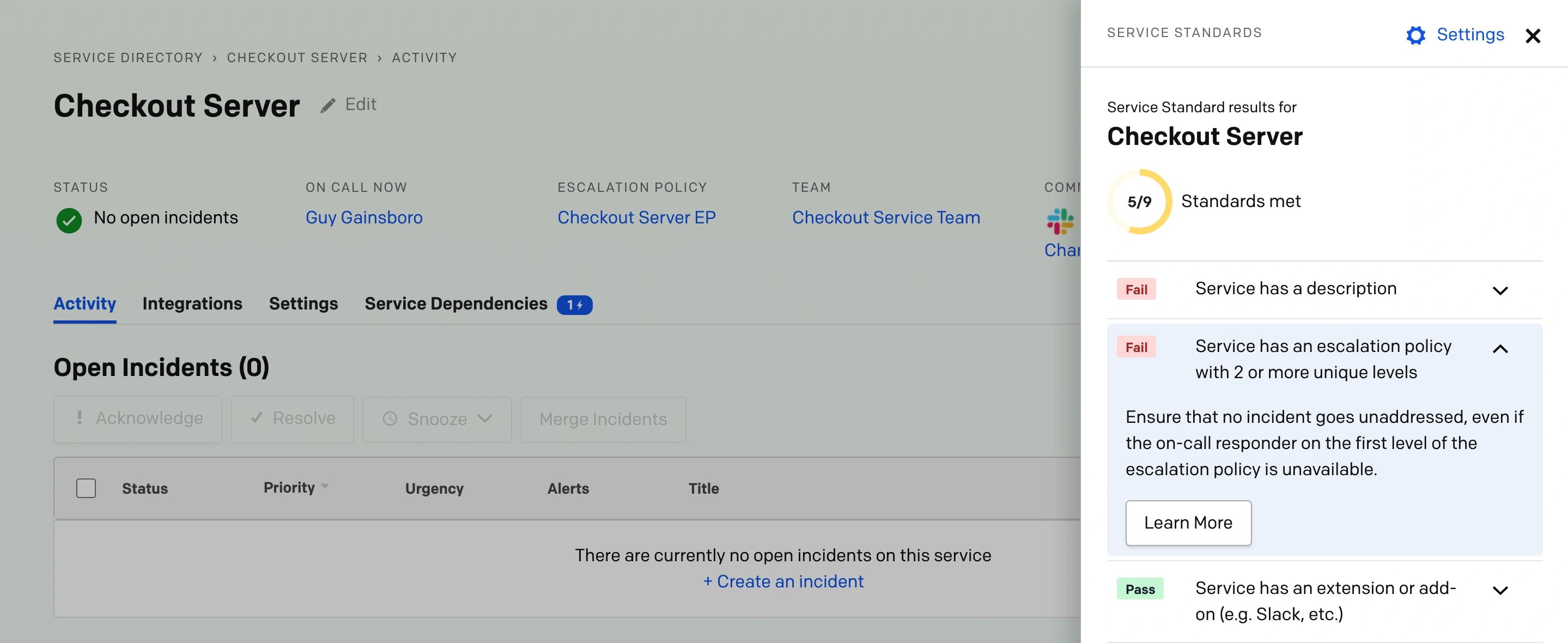 service-standards-panel.png A screenshot of the PagerDuty web app showing the Service Standards Panel