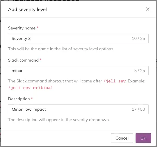 A screenshot of the Jeli web app UI showing how to configure incident severity levels