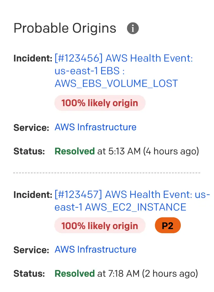 Probable Origin Feature on a PagerDuty Incident