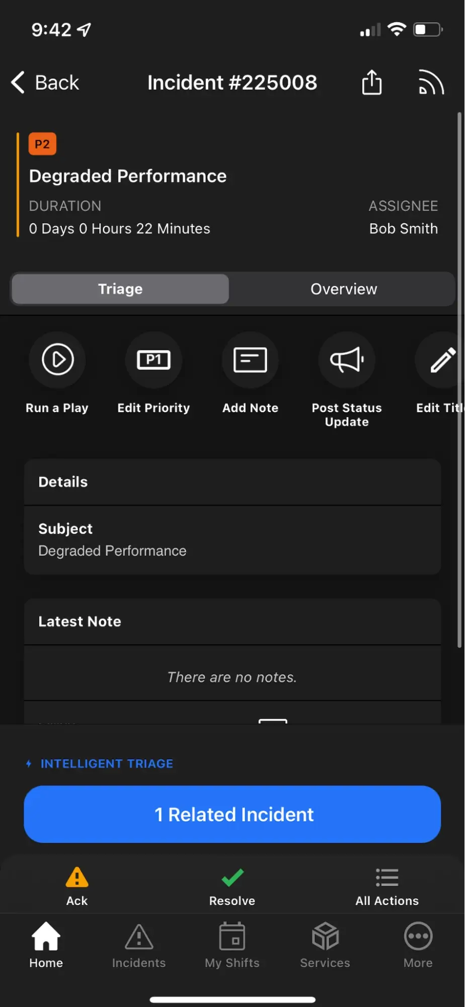 A screenshot of the PagerDuty mobile app showing a button to reveal Related Incidents