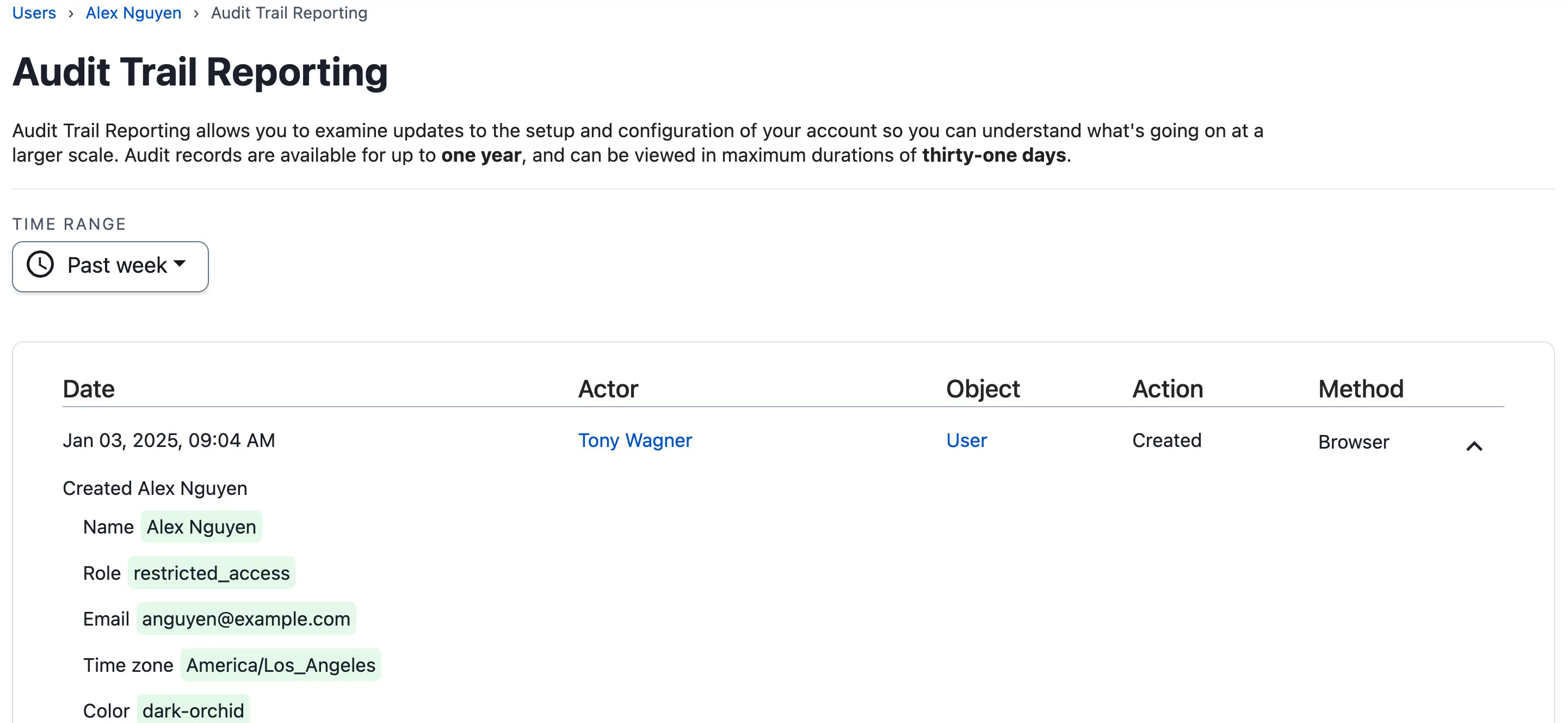 Audit Trail Reporting A screenshot of the PagerDuty web app showing an Audit Trail report