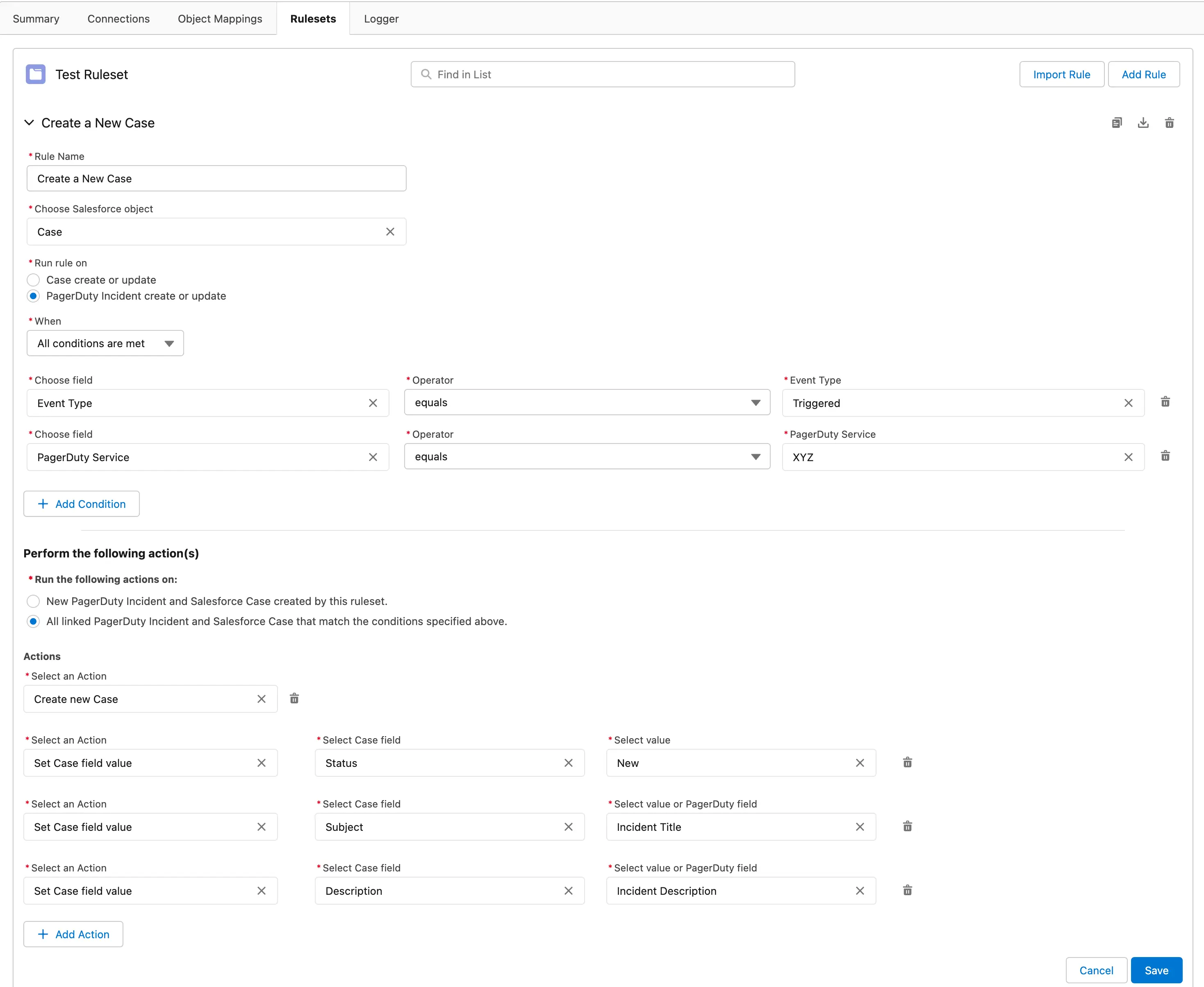 salesforcev3-faq-ruleset-example.png Example ruleset for creating new cases in Salesforce Service Cloud based on the content of a PagerDuty incident