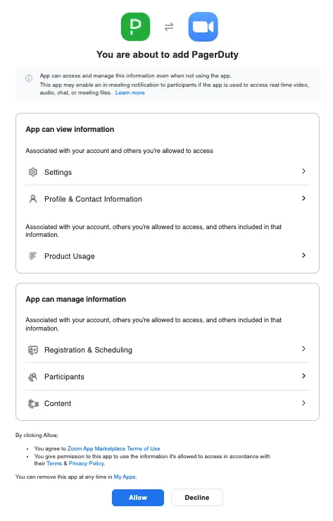 Allow PagerDuty app Allow PagerDuty app