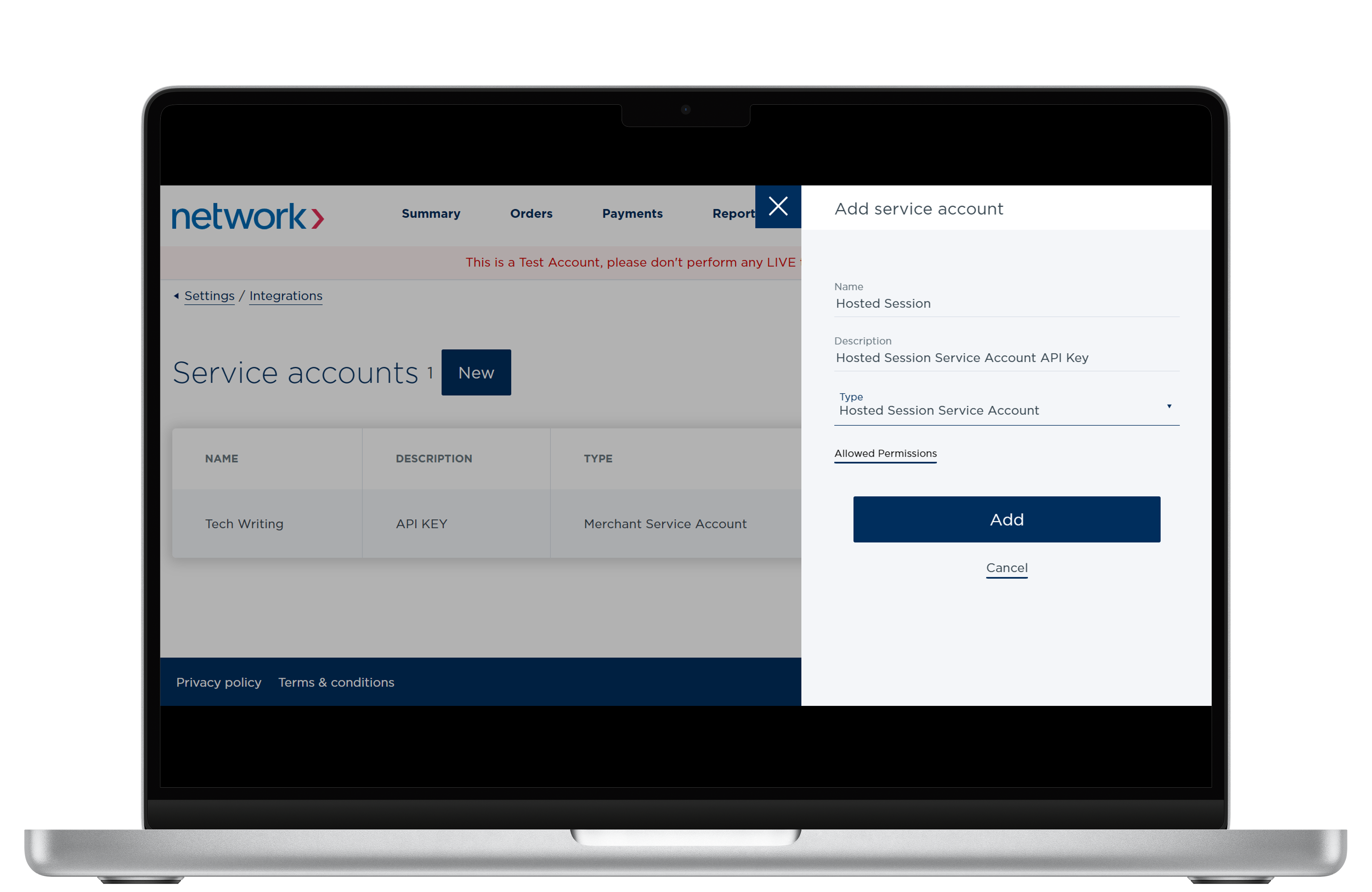 The screenshot illustratred the steps required to setup an API key from within the N-Genius portal. Select Settings > New, and configured the details on screen.